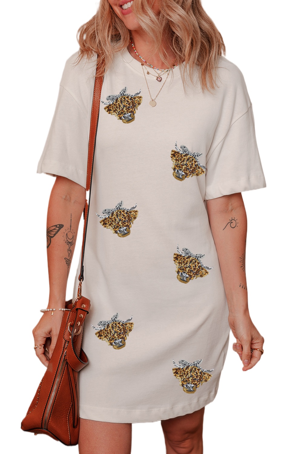 Women's White Heifer Patched Crewneck Shift T-Shirt Dress - Casual Summer Style - Main View