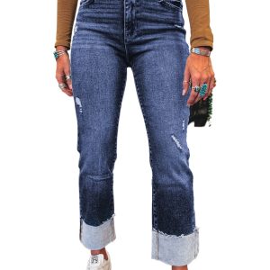 Women's Real Teal Distressed High Waist Jeans with Folded Cuffs - Main View
