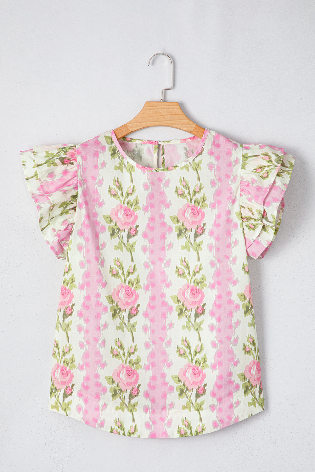 Charming Women's Pink Floral Print Ruffled Sleeve Summer Top - Detail View 9