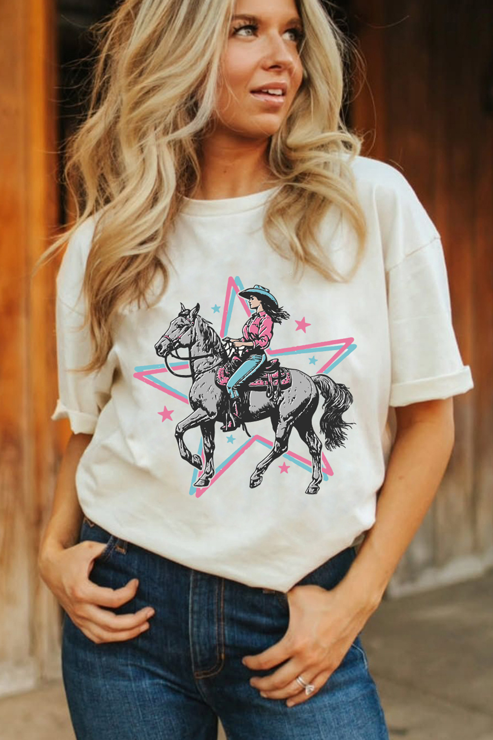 Women's White Star Cowgirl Graphic Round Neck T-Shirt - Western Inspired Design - Detail View 5