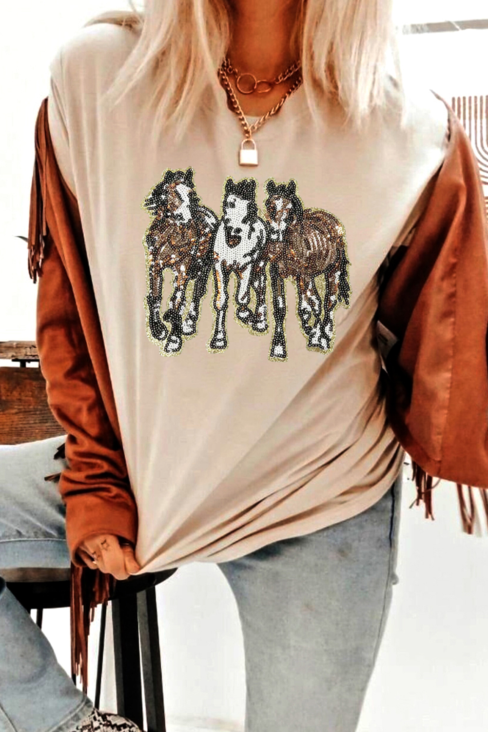 Women's Khaki Sequin Horses Patched Casual Crewneck T-Shirt - Western Graphic Tee - Detail View 5