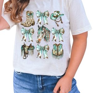 Women's White Cowgirl Fashion Print Crewneck Tee with Bowknot Design - Main View