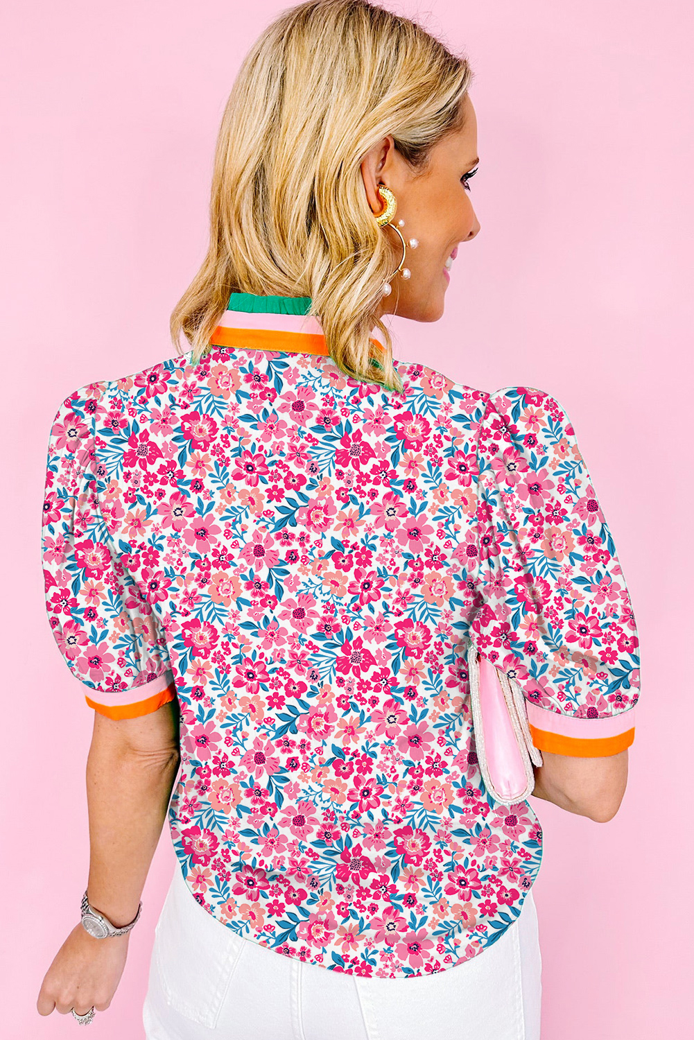 Elegant Short Sleeve Floral Blouse with Contrast Trim - Perfect for Summer - Detail View 2