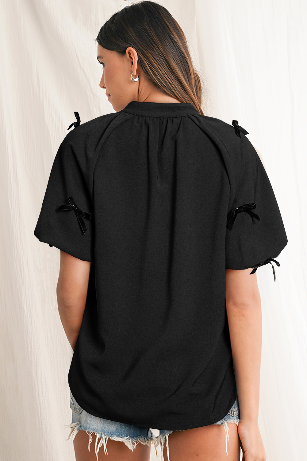 Chic Black Blouse with Puff Sleeves and Bow Detail - Perfect for Night Out - Detail View 2