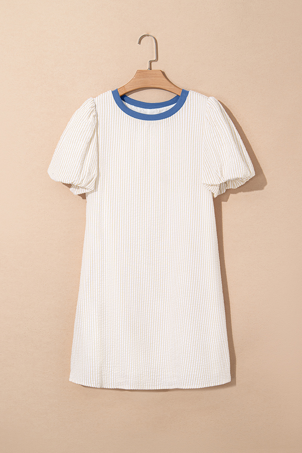 Women's Beige Stripe Seersucker Contrast Round Neck Puff Sleeve T-Shirt Dress - Detail View 5