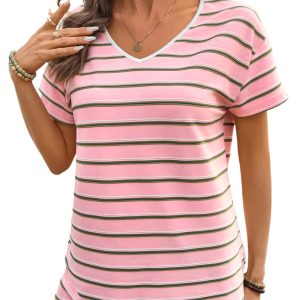 Women's Pink Stripe V Neck Slim Fit Casual T-Shirt - Lightweight & Stylish - Main View