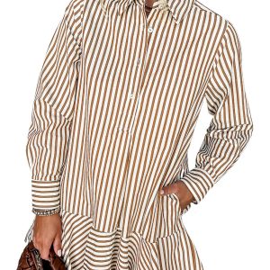Women's Brown Stripe Ruffled Hem Collared Long Sleeve Shirt Mini Dress - Chic and Casual Style - Main View