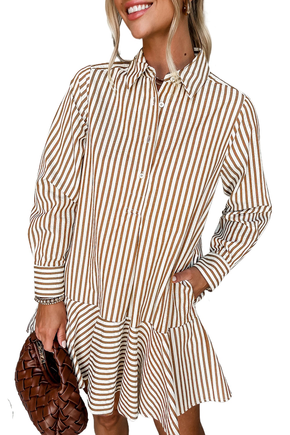 Women's Brown Stripe Ruffled Hem Collared Long Sleeve Shirt Mini Dress - Chic and Casual Style - Main View