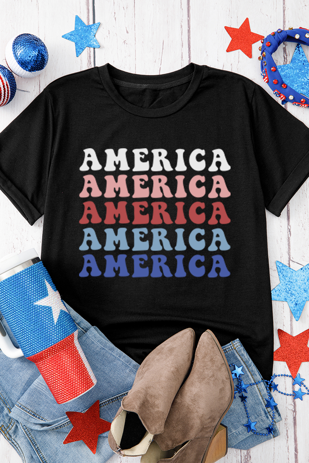Comfortable Black Crewneck T-Shirt with Slogan Print - Ideal Summer Wear for Patriotic Events - Detail View 3