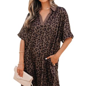 Women's Brown Leopard Print Mini Dress – Short Sleeve Shift Dress with Contrast Collar for Summer Daily Wear - Main View