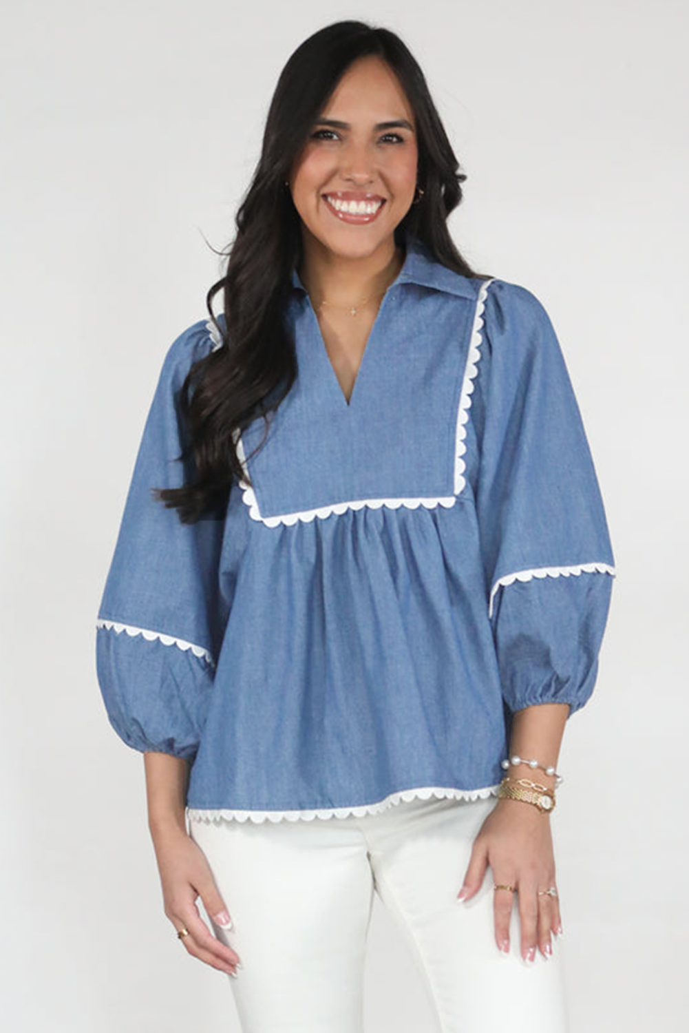 Charming Dusk Blue Blouse with Lace Details and Puff Sleeves for a Feminine Look - Detail View 6