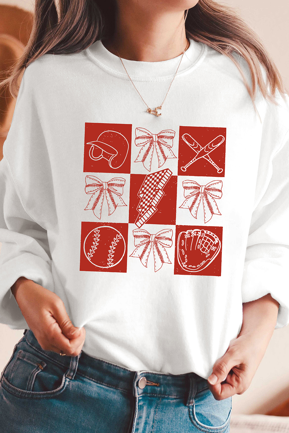 Women's White Graphic Baseball Sweatshirt with Checkered Pattern - Casual Long Sleeve - Detail View 5