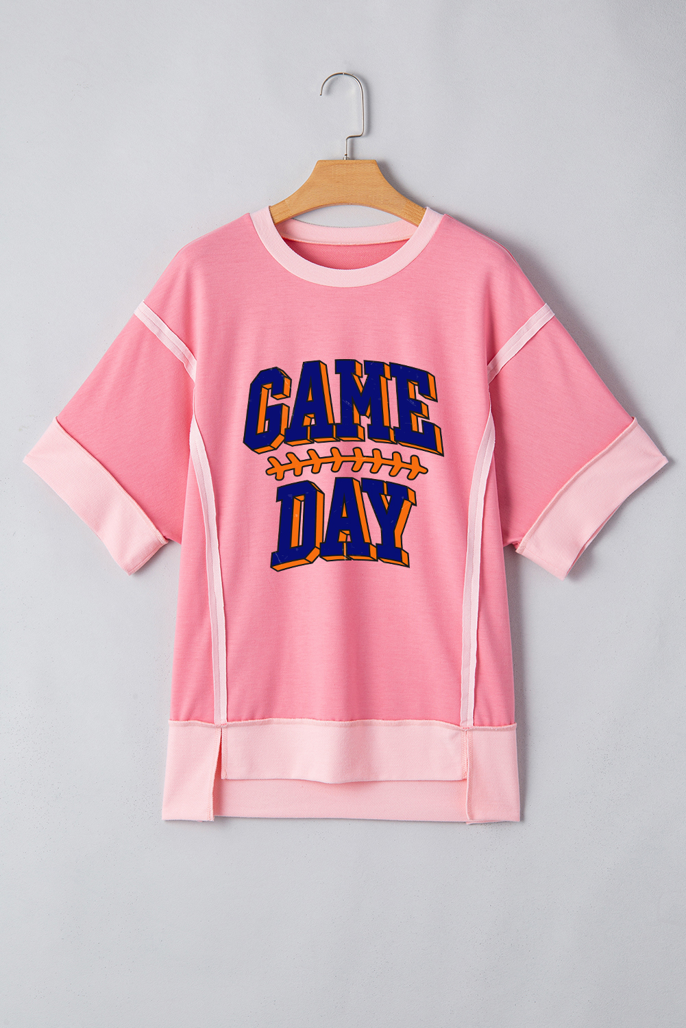 Women's Graphic Tee, Peach Blossom, GAME DAY, Color Block, Casual, Loose Fit, Short Sleeve, Round Neck, Daily Wear, Quality Cotton Blend, Trendy T-Shirt, Summer Fashion, Raw Hem, Slogan Print - Detail View 8