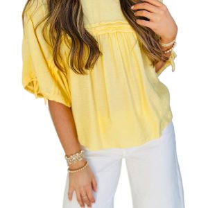 Women's Yellow Cream Pleated Blouse – Short Sleeve Round Neck Casual Shift Top for Summer - Main View