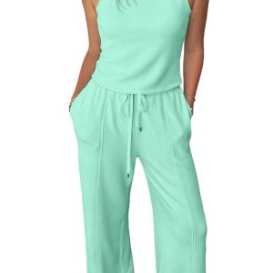 Women's Two Piece Casual Set – Sleeveless Top and Wide Leg Pants, Moonlight Jade - Main View