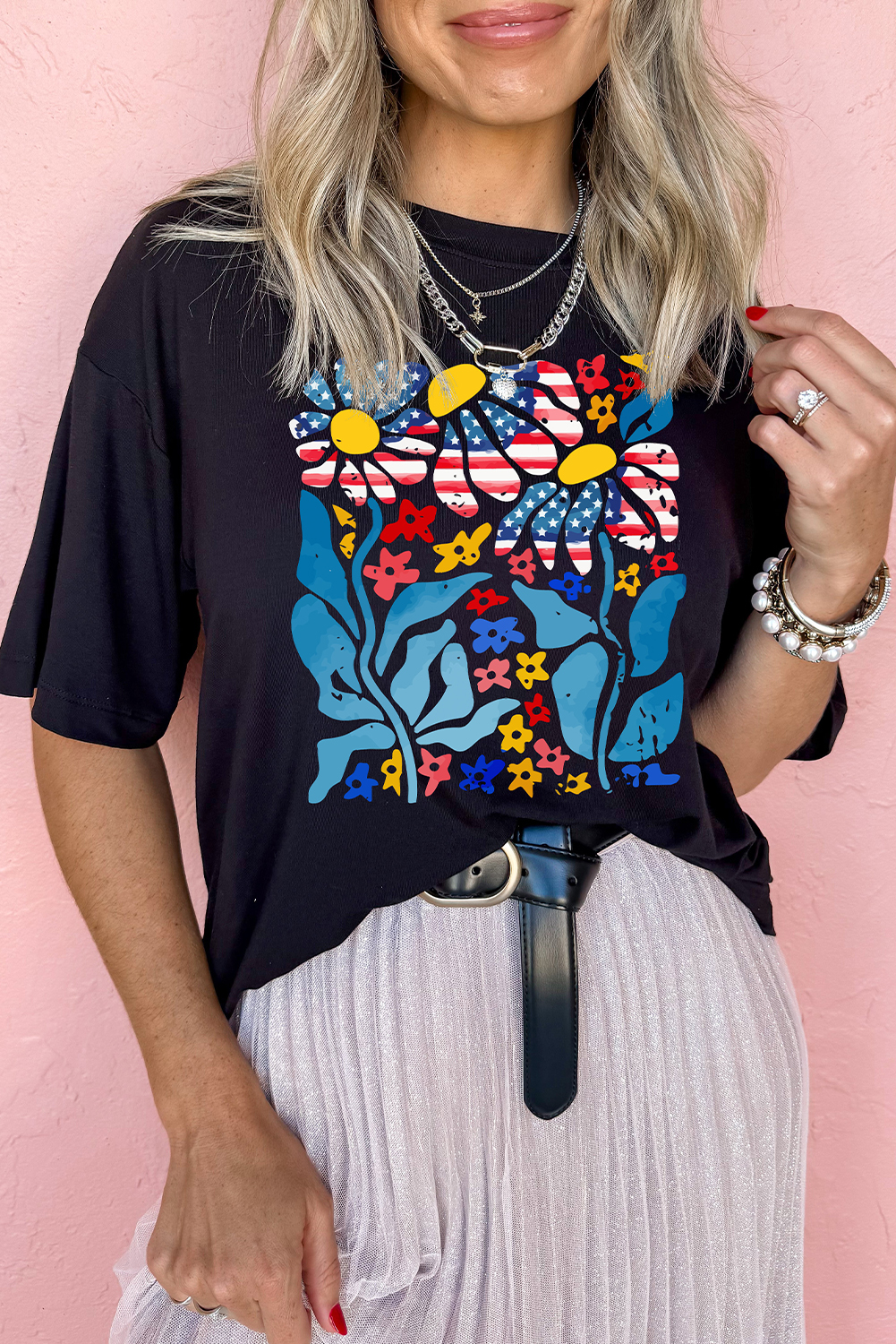 Women's Black USA Flag Flower Graphic Drop Shoulder T-Shirt - Trendy Casual Wear - Detail View 5