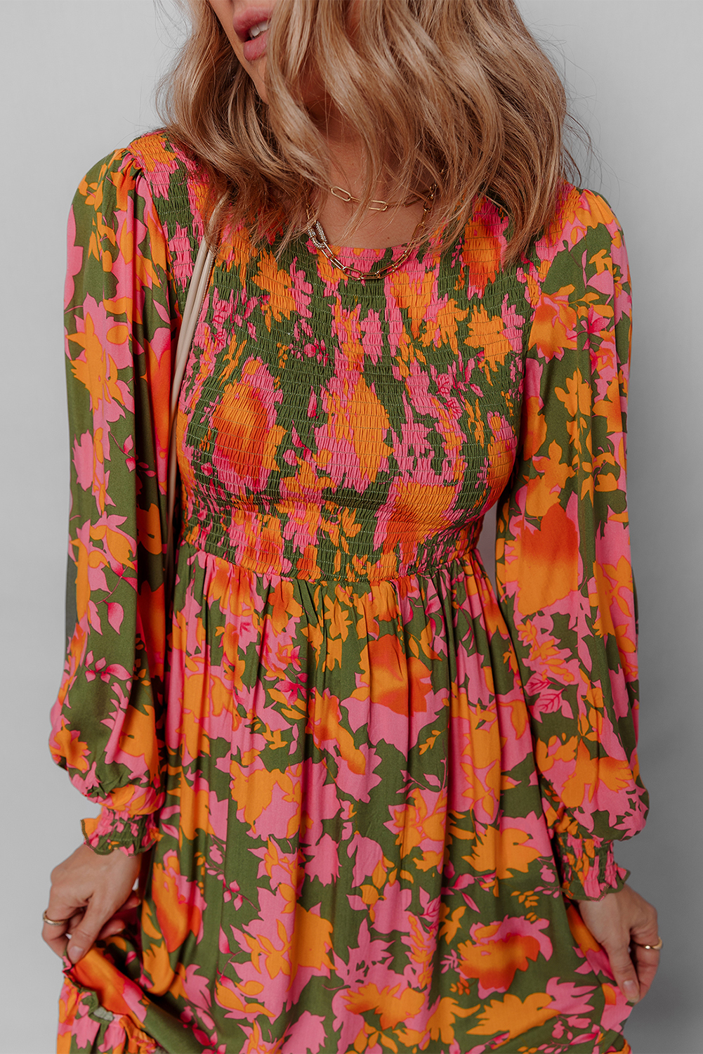 Women's Dress, Orange Floral, Puff Sleeve, Smocked Bodice, Ruffled Hem, Long Dress, Casual Style, Elegant, Comfortable Fit, Bohemian Fashion, Daily Wear, High Waist, Flowing Silhouette, Floral Pattern, Round Neck - Detail View 8