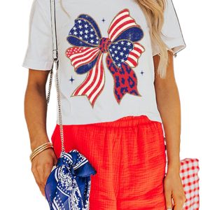 Women's Patriotic White Stars and Stripes Bow Print T-Shirt for 4th of July - Main View