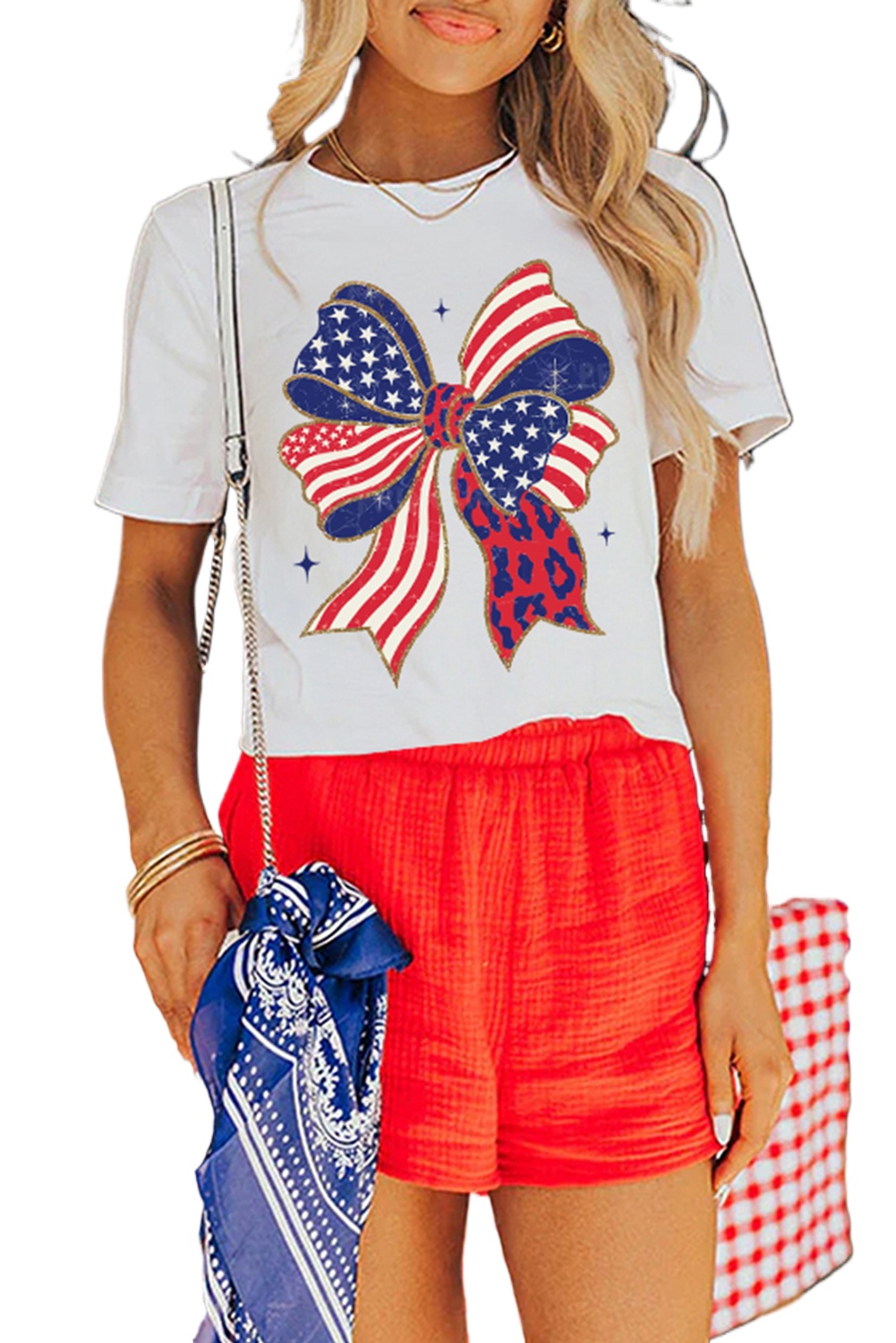 Women's Patriotic White Stars and Stripes Bow Print T-Shirt for 4th of July - Main View
