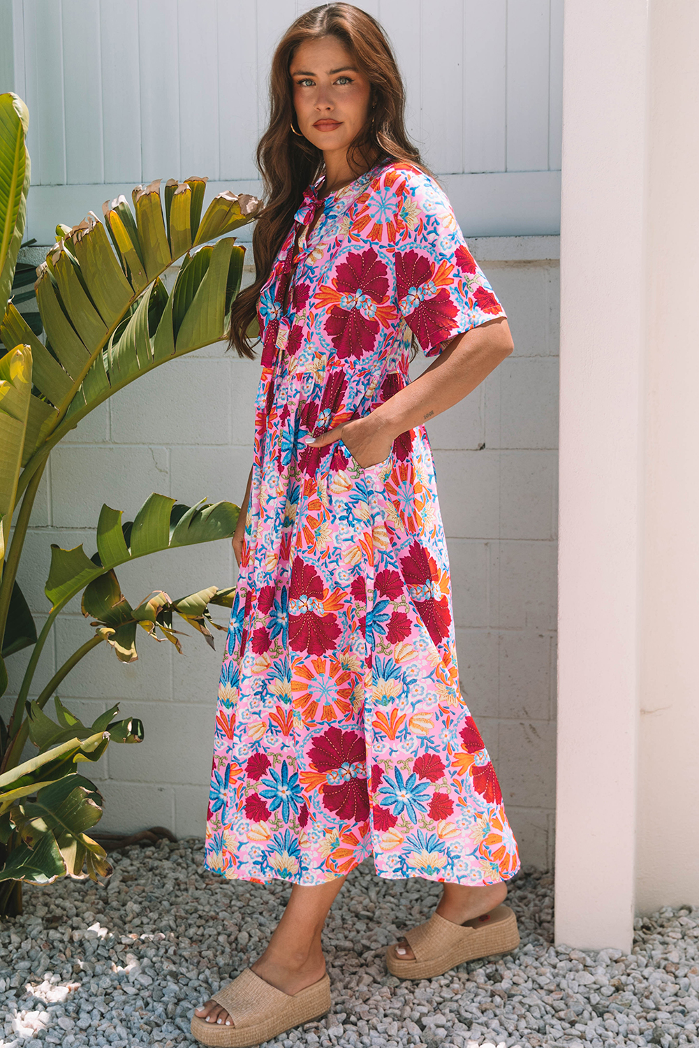 Elegant A-Line Silhouette High Waist Dress - Casual Short Sleeve Floral Maxi - Detail View 3
