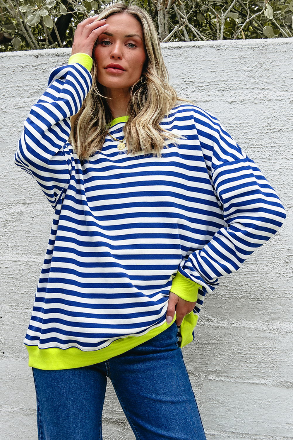 Women's Sky Blue Striped Contrast Ribbed Trim Drop Shoulder Sweatshirt - Detail View 5