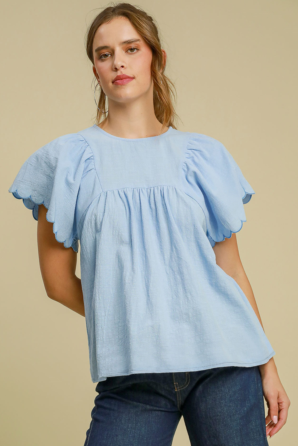 Women's Beau Blue Solid Color Blouse with Embroidered Scalloped Sleeves - Detail View 5
