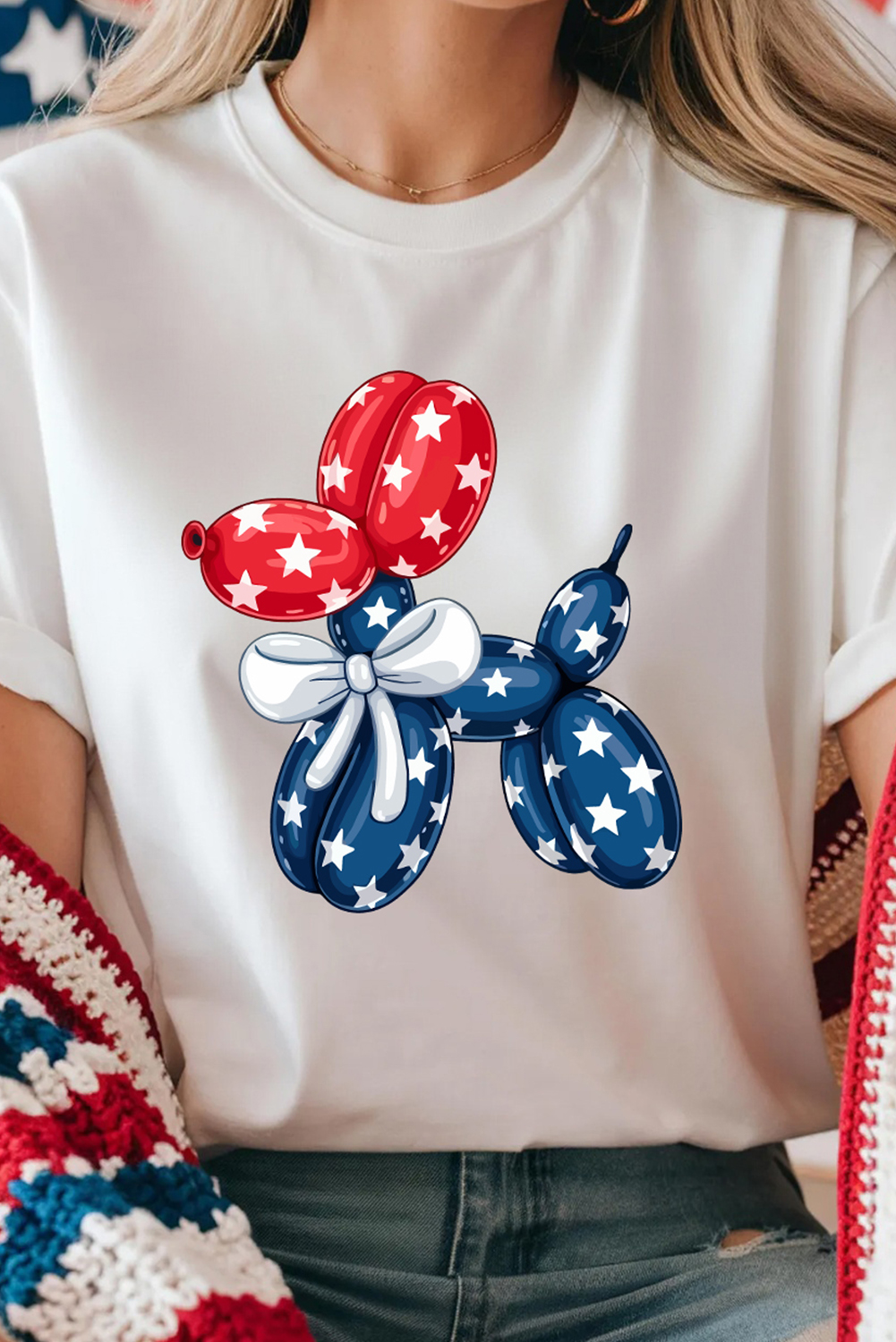 Women's T-Shirt, White Graphic Tee, American Flag, Balloon Dog Design, Casual Style, Short Sleeve, Round Neck, Summer Fashion, Patriotic Shirt, Comfortable Fabric, Denim Pairing, Trendy Look, Daily Wear, Graphic Tees - Detail View 4