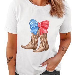 Women's White Patriotic Bow Cowgirl Boots Graphic T-Shirt - Casual Summer Tee - Main View