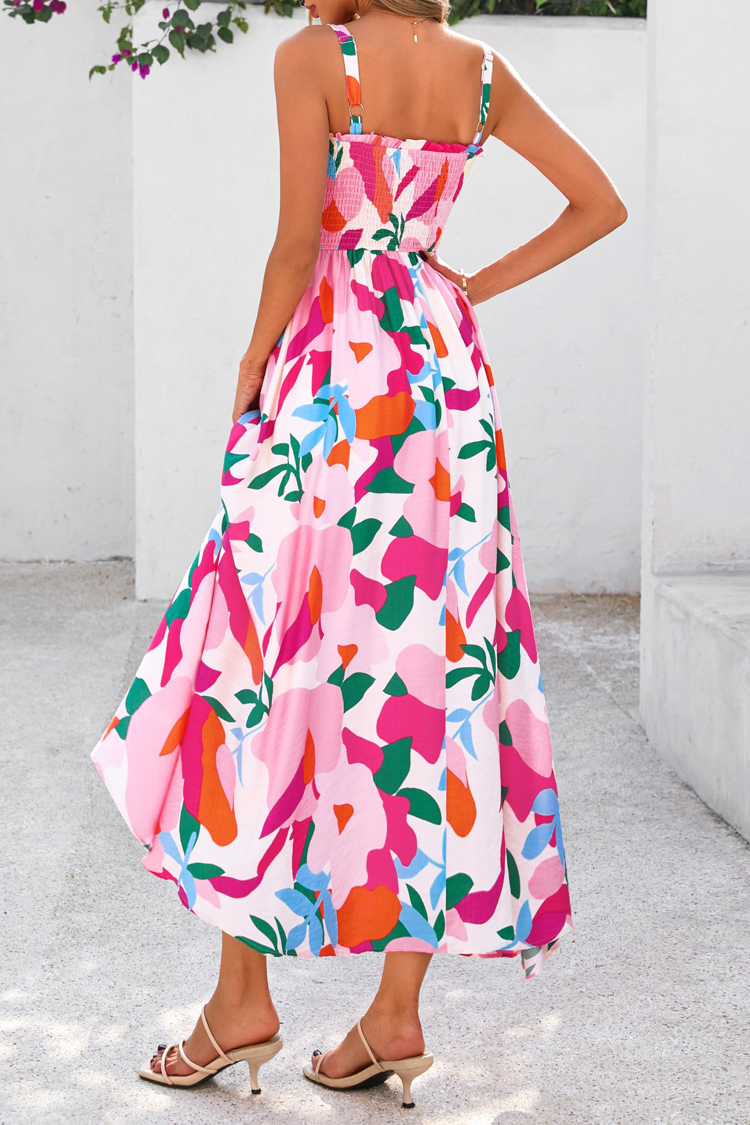 Pink Floral Summer Sundress for Women – Sleeveless Smocked Midi Dress, Casual Beach Vacation Outfit - Detail View 2