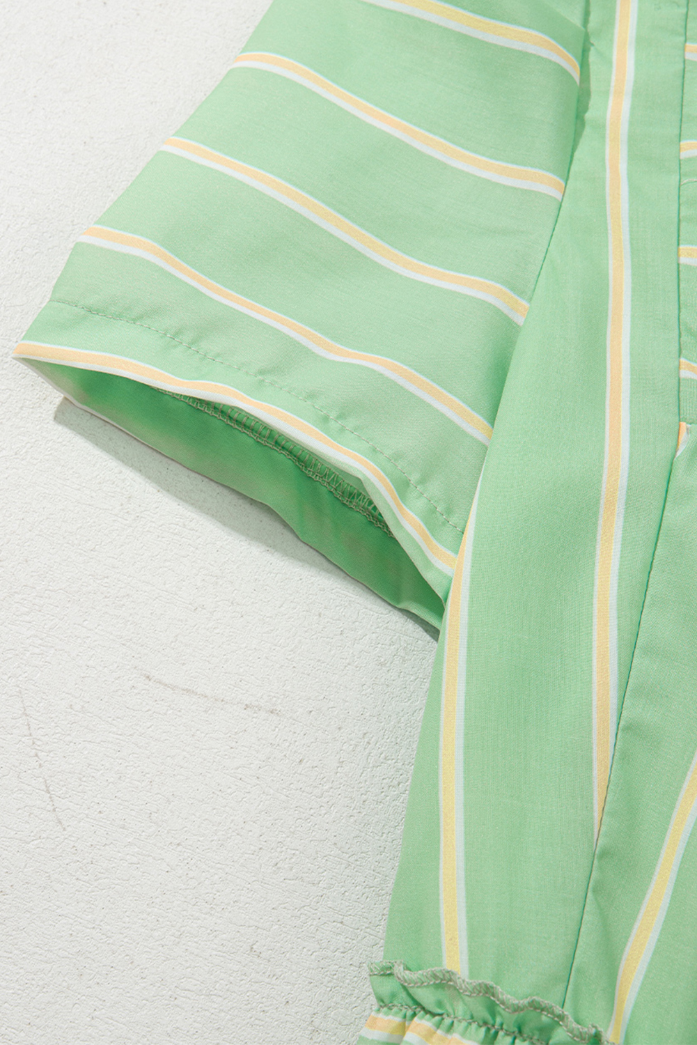 Women's Green Stripe V Neck Short Sleeve A-Line Dress with Frilled Details - Detail View 9