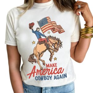 Women's White MAKE AMERICA COWBOY AGAIN Graphic Crewneck Tee - Casual Patriotic Style - Main View