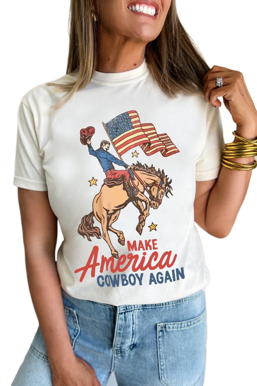 Women's White MAKE AMERICA COWBOY AGAIN Graphic Crewneck Tee - Casual Patriotic Style - Main View