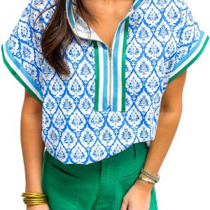 Women's Sky Blue Western Print Zipped Collar Short Sleeve Blouse - Elegant Summer Top - Main View