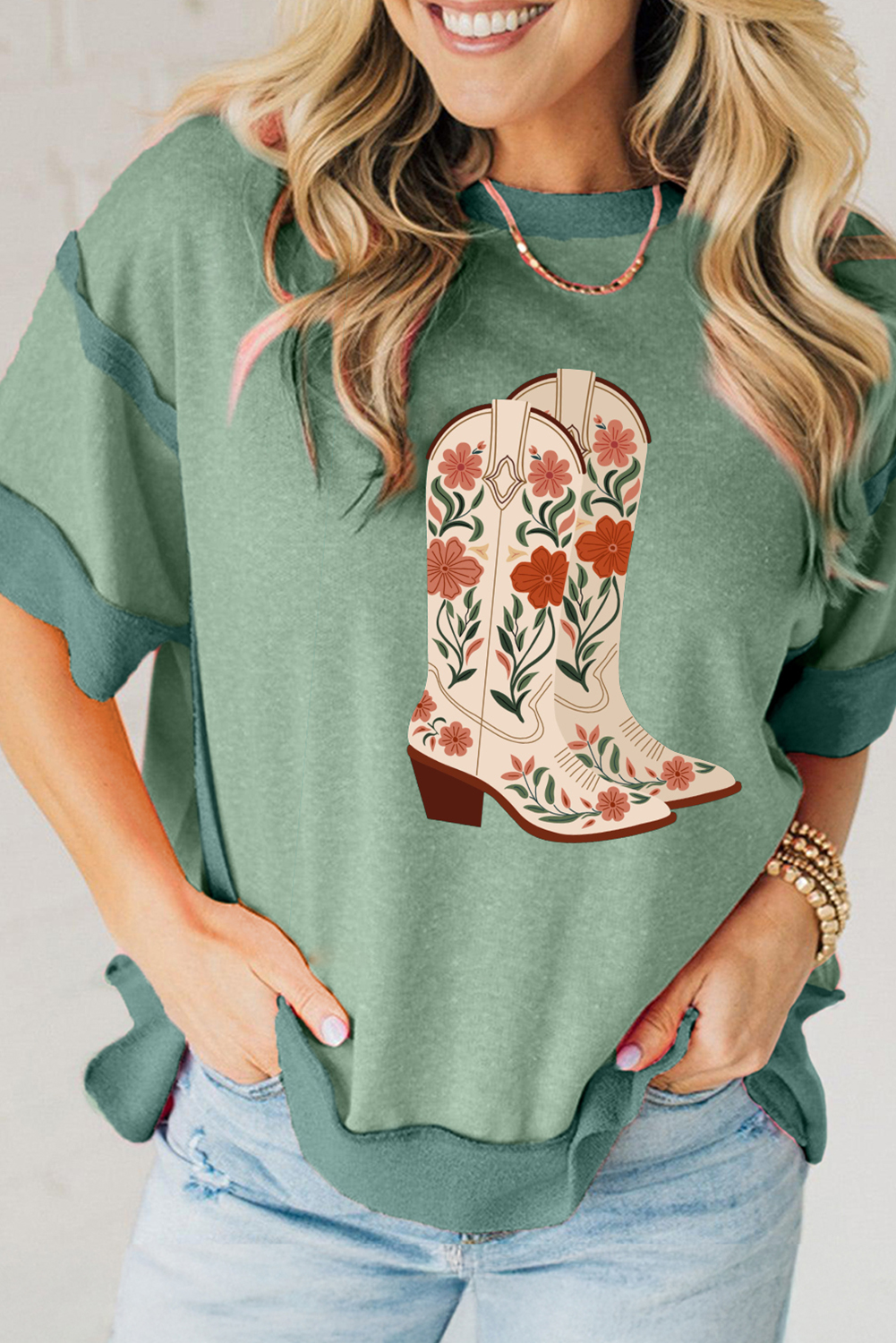 Trendy Casual Graphic Tee with Unique Patchwork Design - Smoke Green - Detail View 2