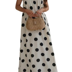 Women's White Polka Dot Maxi Dress – Summer Casual Spaghetti Strap Shift Style - Main View