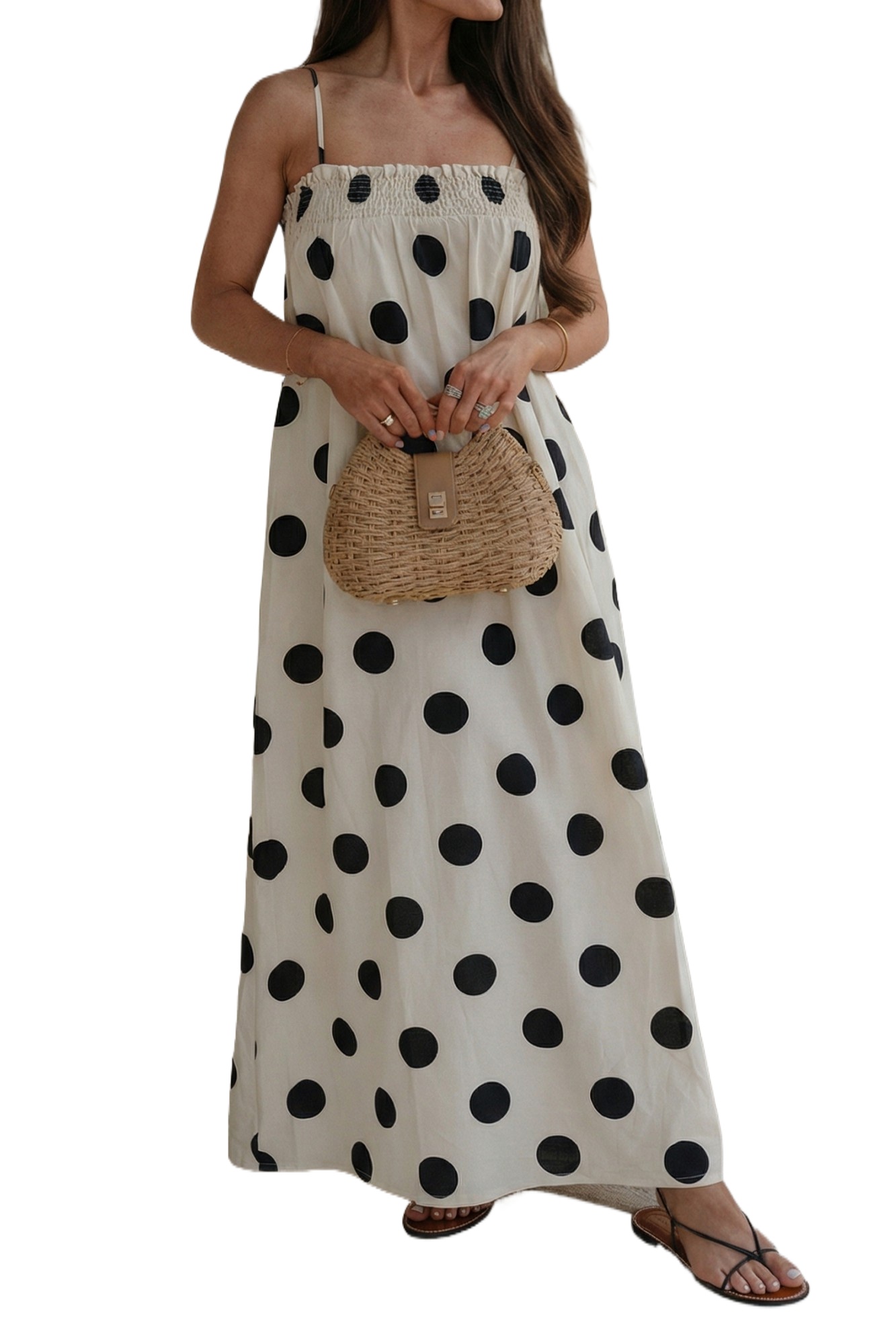 Women's White Polka Dot Maxi Dress – Summer Casual Spaghetti Strap Shift Style - Main View