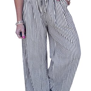 Women's Black Stripe Wide Leg Pants – High Waist Casual Trousers with Pockets - Main View