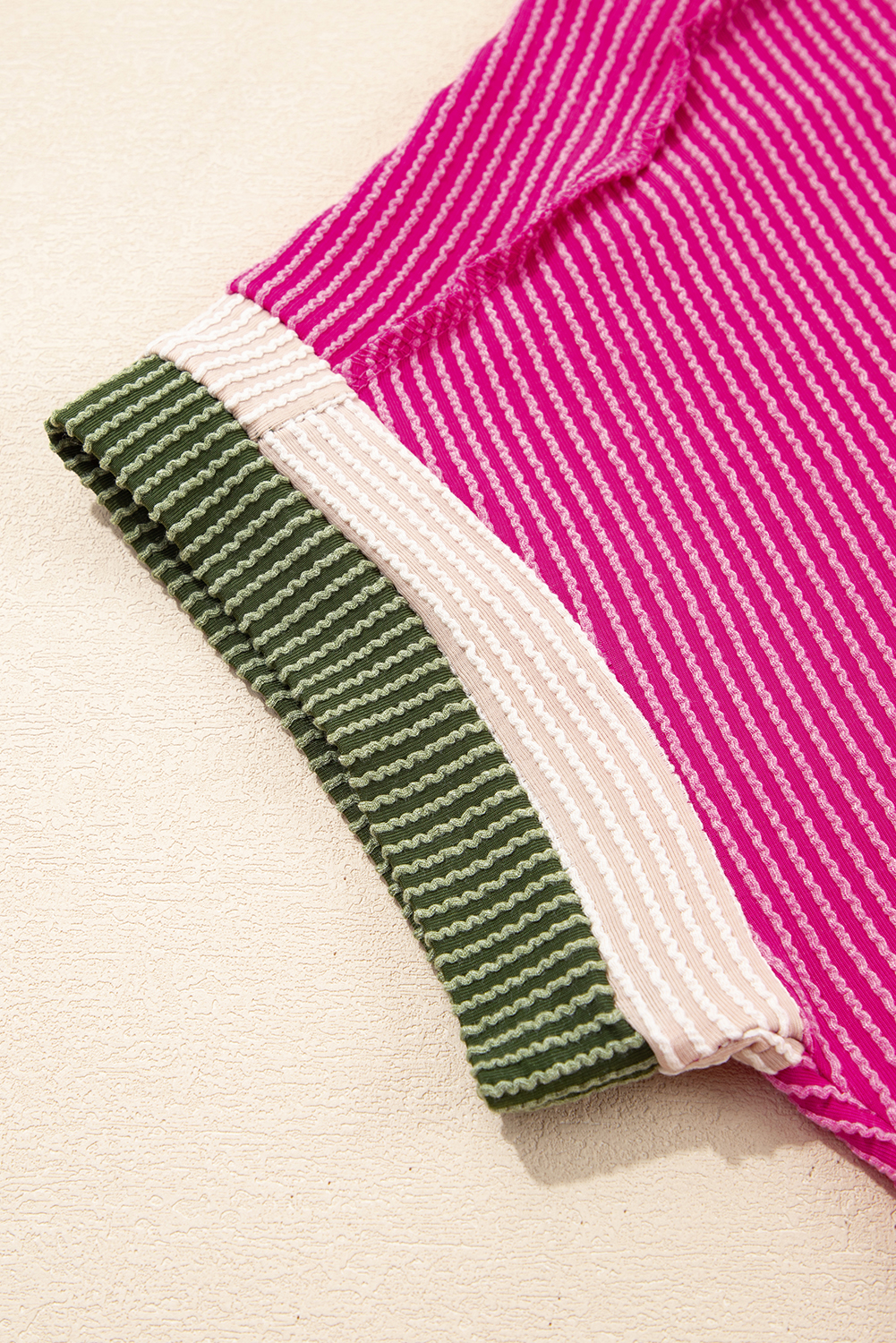 Women's T-Shirt, Rose Red, Textured Fabric, Contrast Trim, Round Neck, Casual, Summer Fashion, Short Sleeve, Daily Wear, Stylish Tee, Unique Design, Colorblock Pattern, Tops & Tees - Detail View 12
