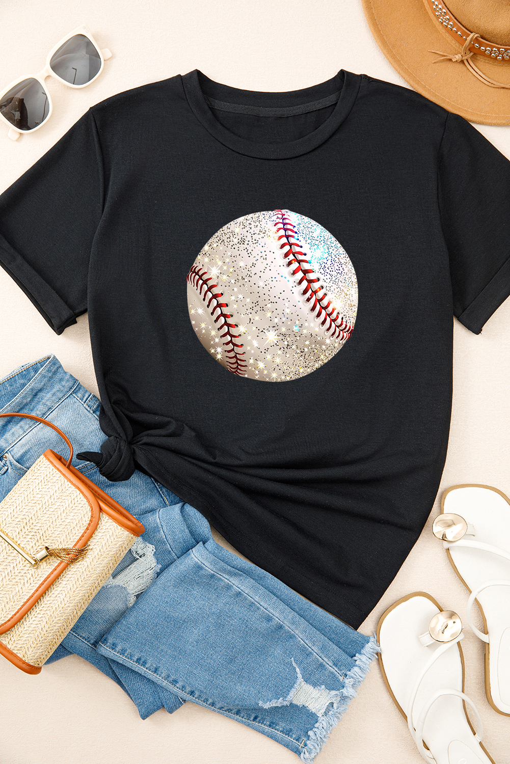 Casual Round Neck Tee for Women - Breathable Baseball Print T-Shirt - Detail View 2