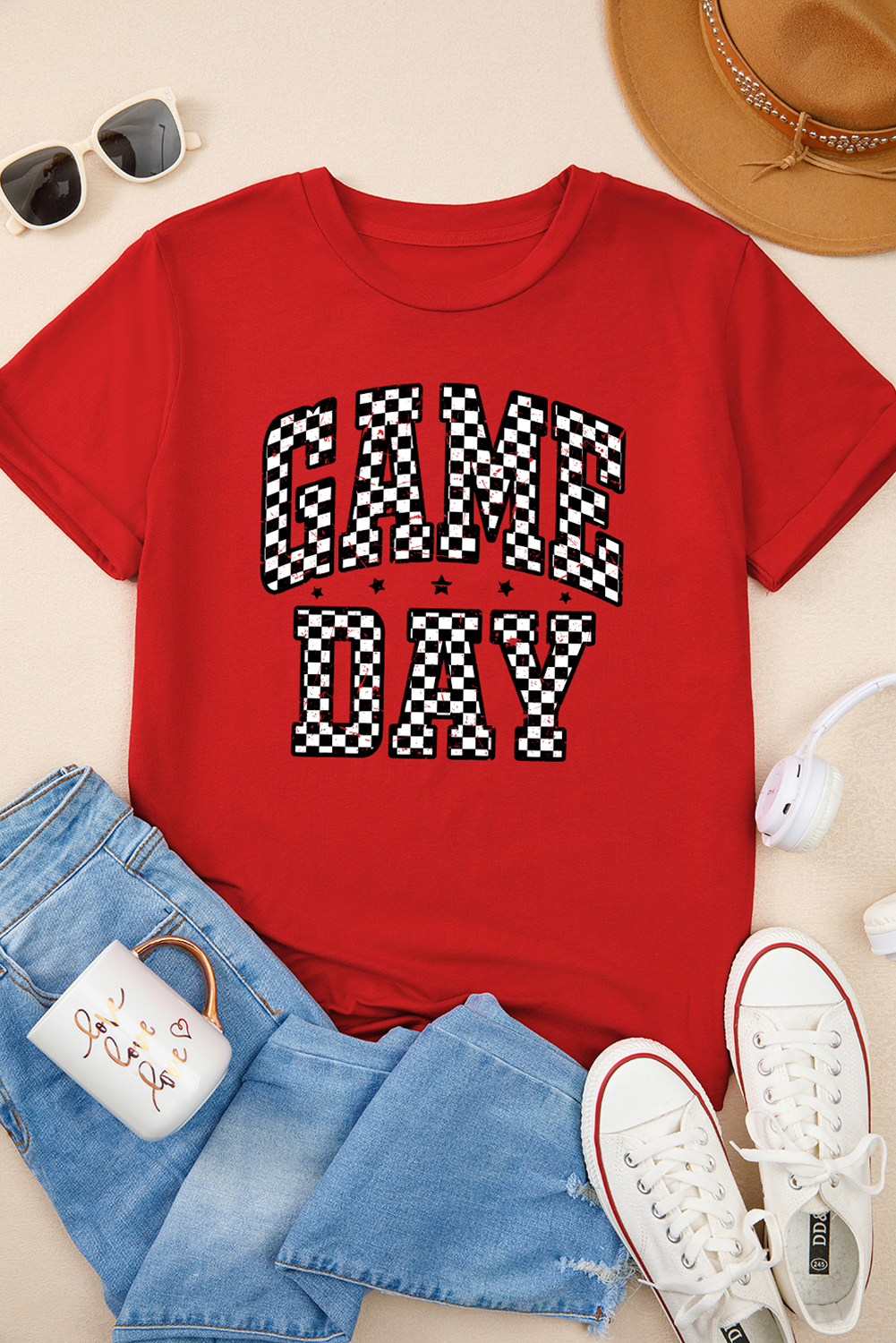 Casual Summer Round Neck Tee with Checkered Print for Game Day - Detail View 6