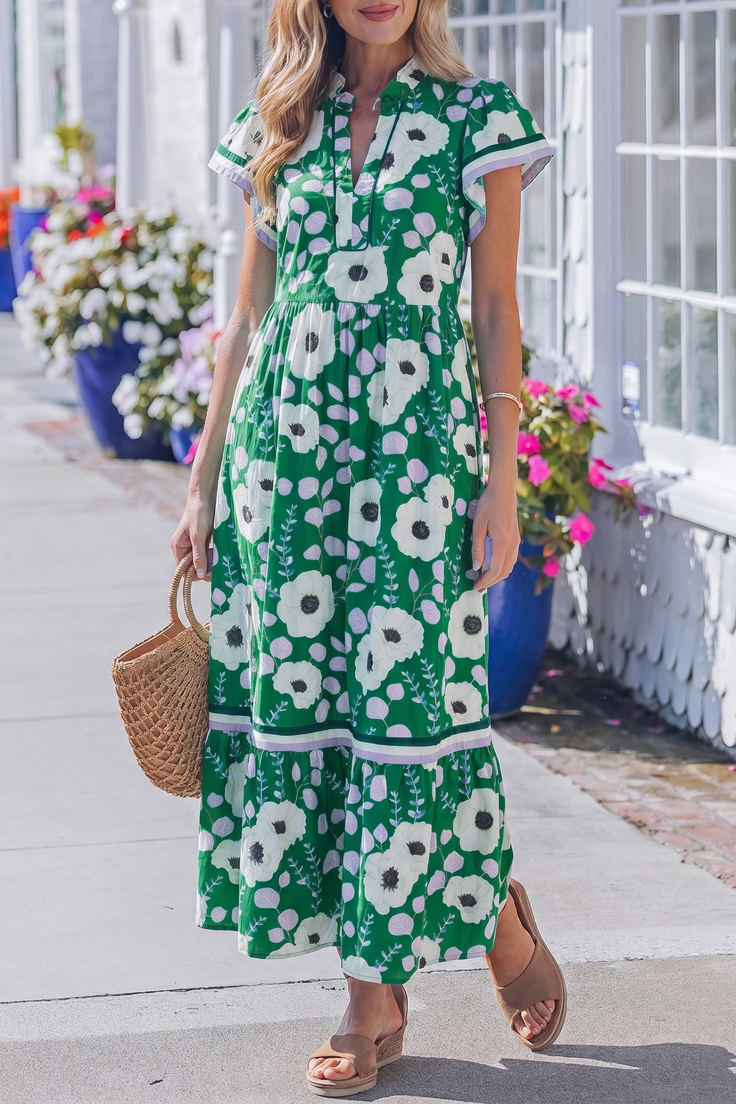 Women's Southern Belle Green Maxi Dress – Floral Patchwork, Ruffled Short Sleeve for Daily & Vacation Wear - Detail View 6