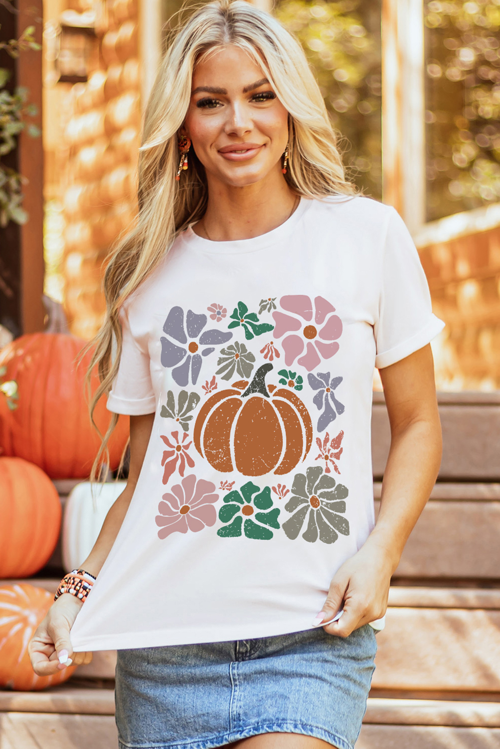 Women's White Flower Pumpkin Distressed Graphic T-Shirt for Thanksgiving - Detail View 9