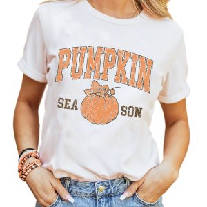 Women's White Pumpkin Season Graphic T-Shirt with Vintage Print - Main View