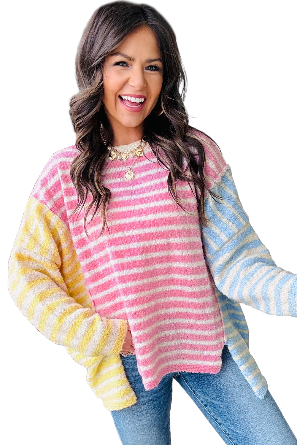 Women's Multicolour Color Block Striped Dolman Sleeve Slit Sweater - Cozy Casual Pullover for Fall - Detail View 13