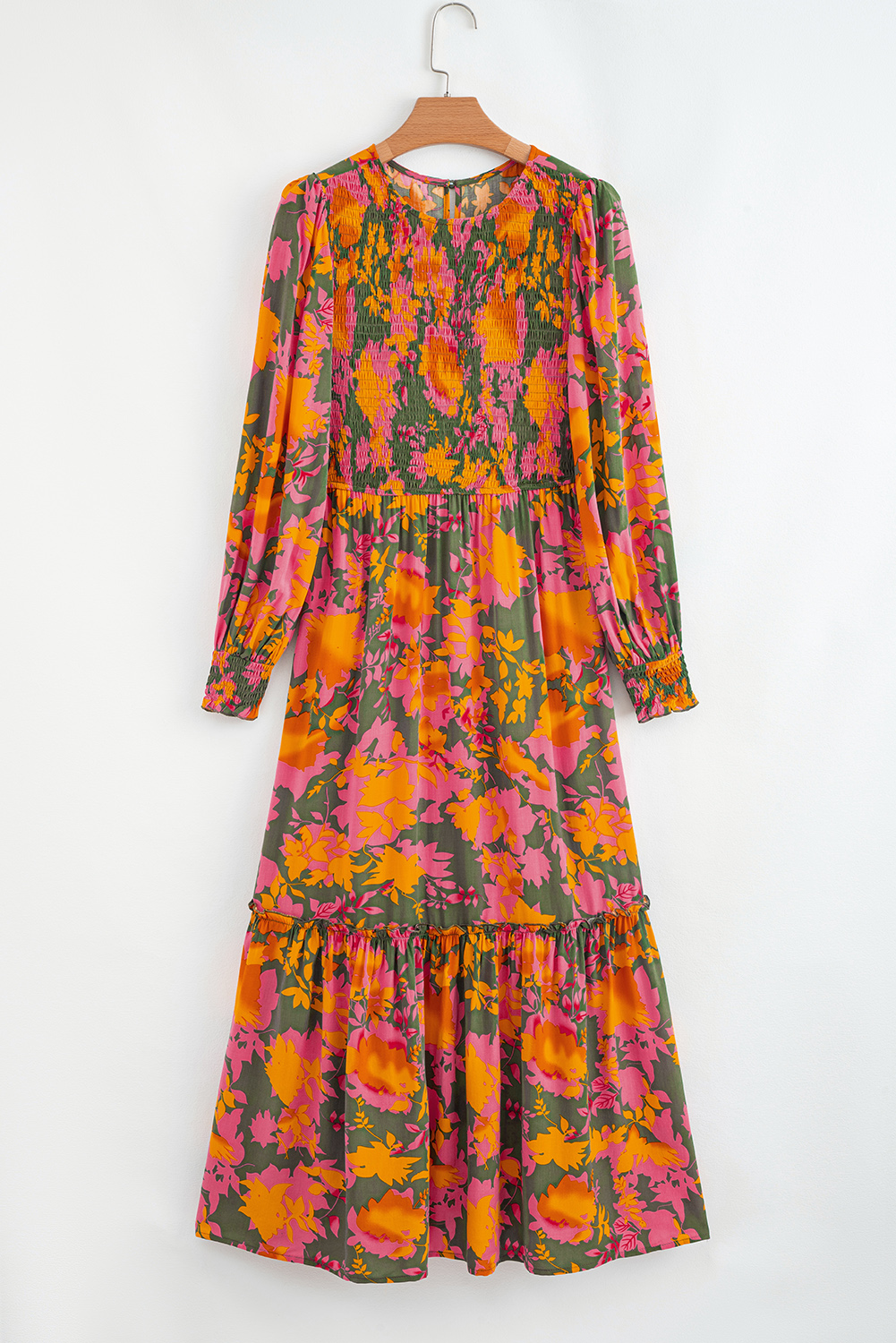 Women's Elegant Orange Floral Puff Sleeve Ruffled Long Dress with Smocked Bodice - Detail View 9
