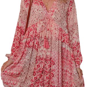 Women's Pink Bohemian Floral Print Tassel Tie Long Sleeve Mini Dress - Main View