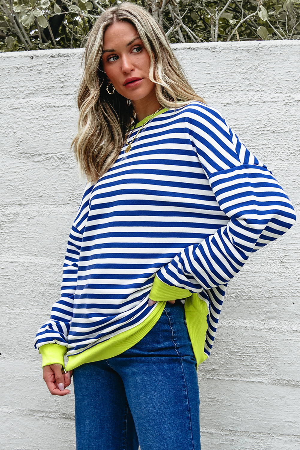 Women's Sweatshirt, Sky Blue Striped, Contrast Ribbed Trim, Drop Shoulder, Casual Style, Oversized Fit, Fall Fashion, Comfortable, Daily Wear, Long Sleeve, Round Neck, Cotton Blend, Timeless Silhouette - Detail View 8