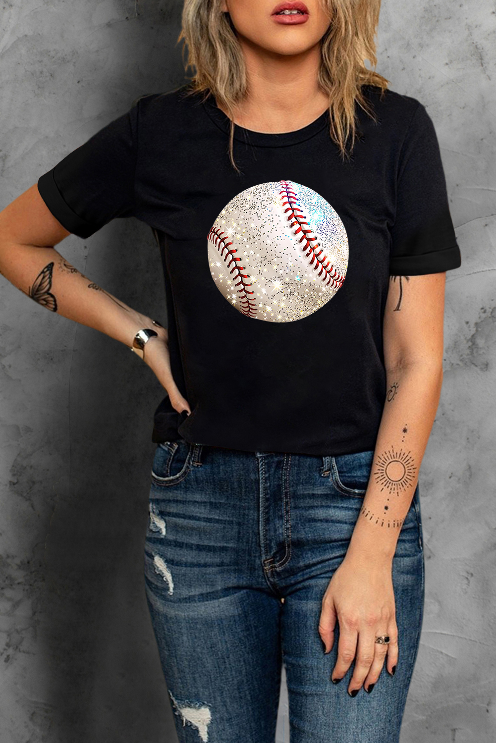 Women's Black Graphic T-Shirt with Realistic Baseball Print - Soft Cotton Blend - Detail View 9