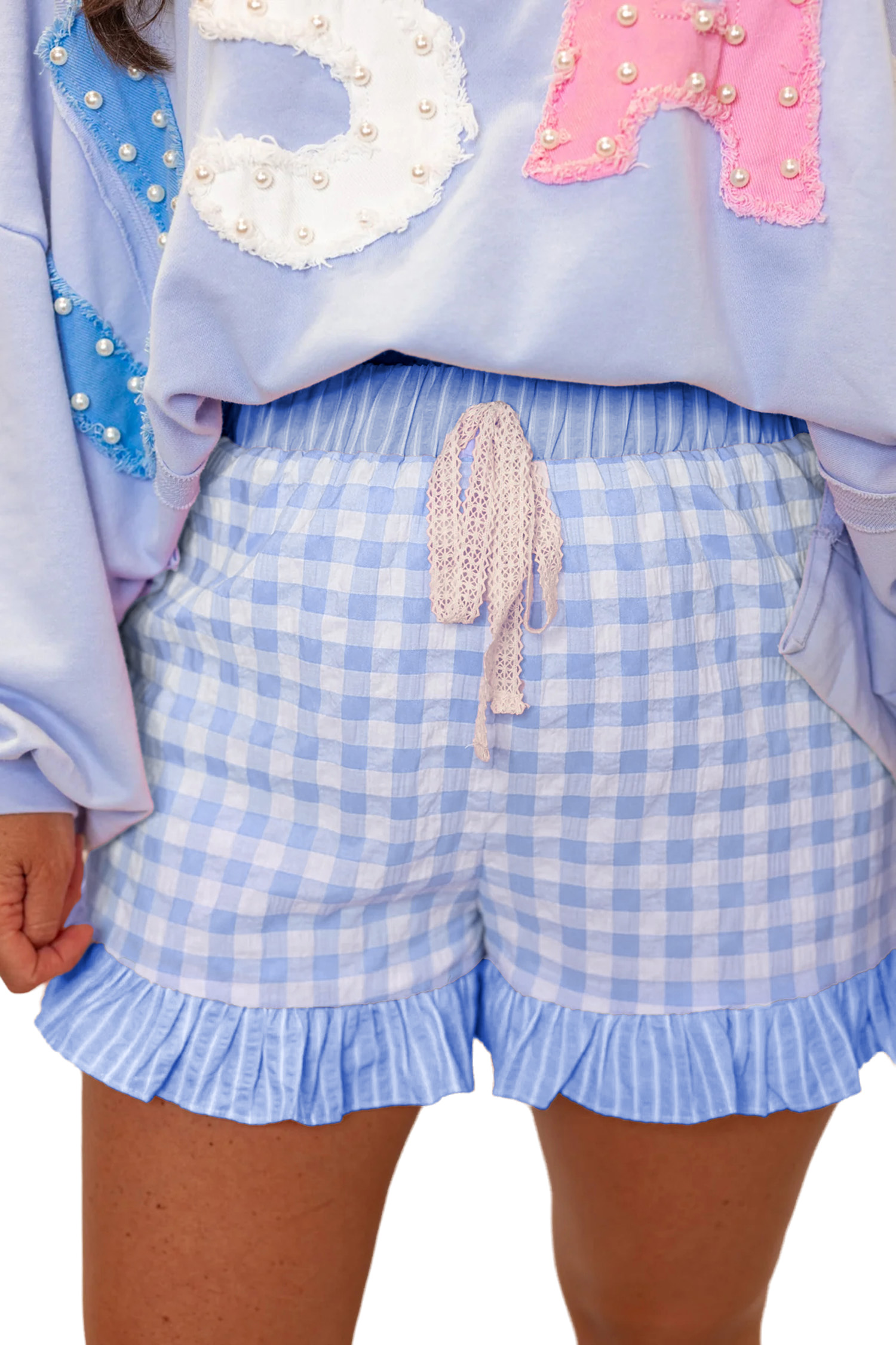 Women's Sky Blue Gingham Shorts – High Waist Ruffle Detail Plaid Casual Summer Bottoms - Main View