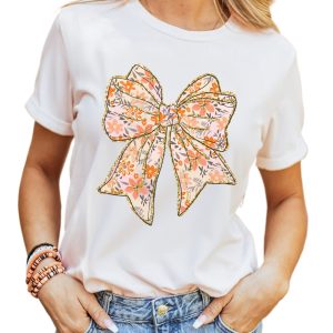 Women's White Glitter Trim Floral Bow Print Cotton Blend T-Shirt for Casual Summer Style - Main View